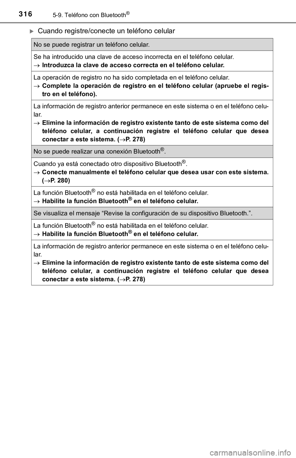 TOYOTA COROLLA 2019  Manual del propietario (in Spanish) 3165-9. Teléfono con Bluetooth®
Cuando registre/conecte un teléfono celular
No se puede registrar un teléfono celular.
Se ha introducido una clave de acceso incorrecta en el teléfono celular.
