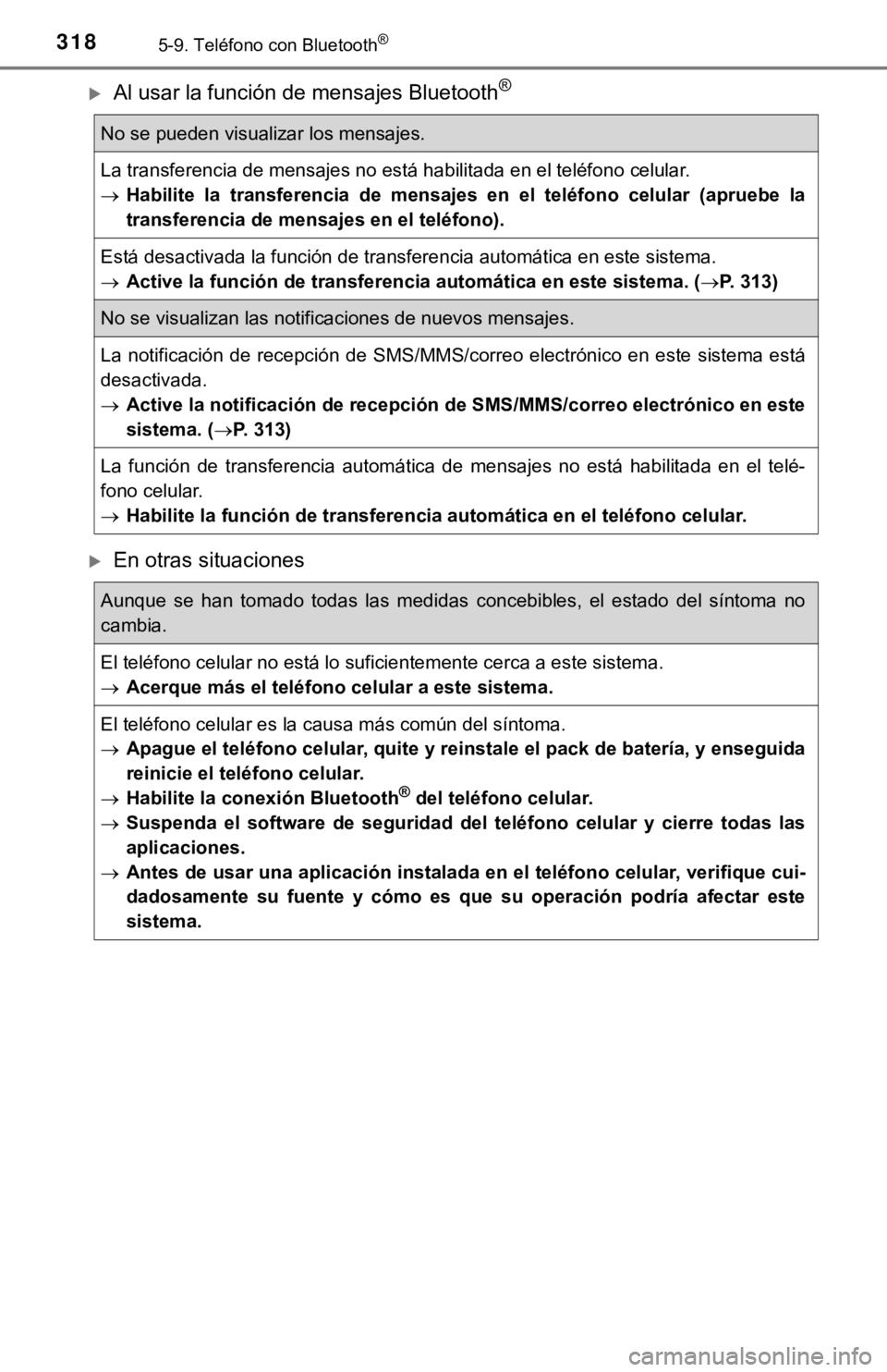 TOYOTA COROLLA 2019  Manual del propietario (in Spanish) 3185-9. Teléfono con Bluetooth®
Al usar la función de mensajes Bluetooth®
En otras situaciones
No se pueden visualizar los mensajes.
La transferencia de mensajes no está habilitada en el te