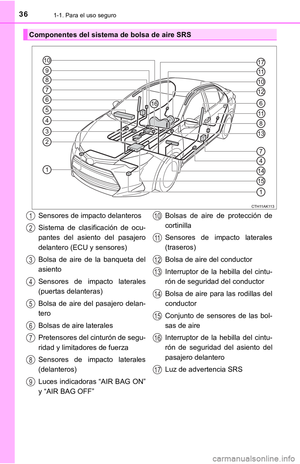 TOYOTA COROLLA 2019  Manual del propietario (in Spanish) 361-1. Para el uso seguro
Componentes del sistema de bolsa de aire SRS
Sensores de impacto delanteros
Sistema  de  clasificación  de  ocu-
pantes  del  asiento  del  pasajero
delantero (ECU y sensore