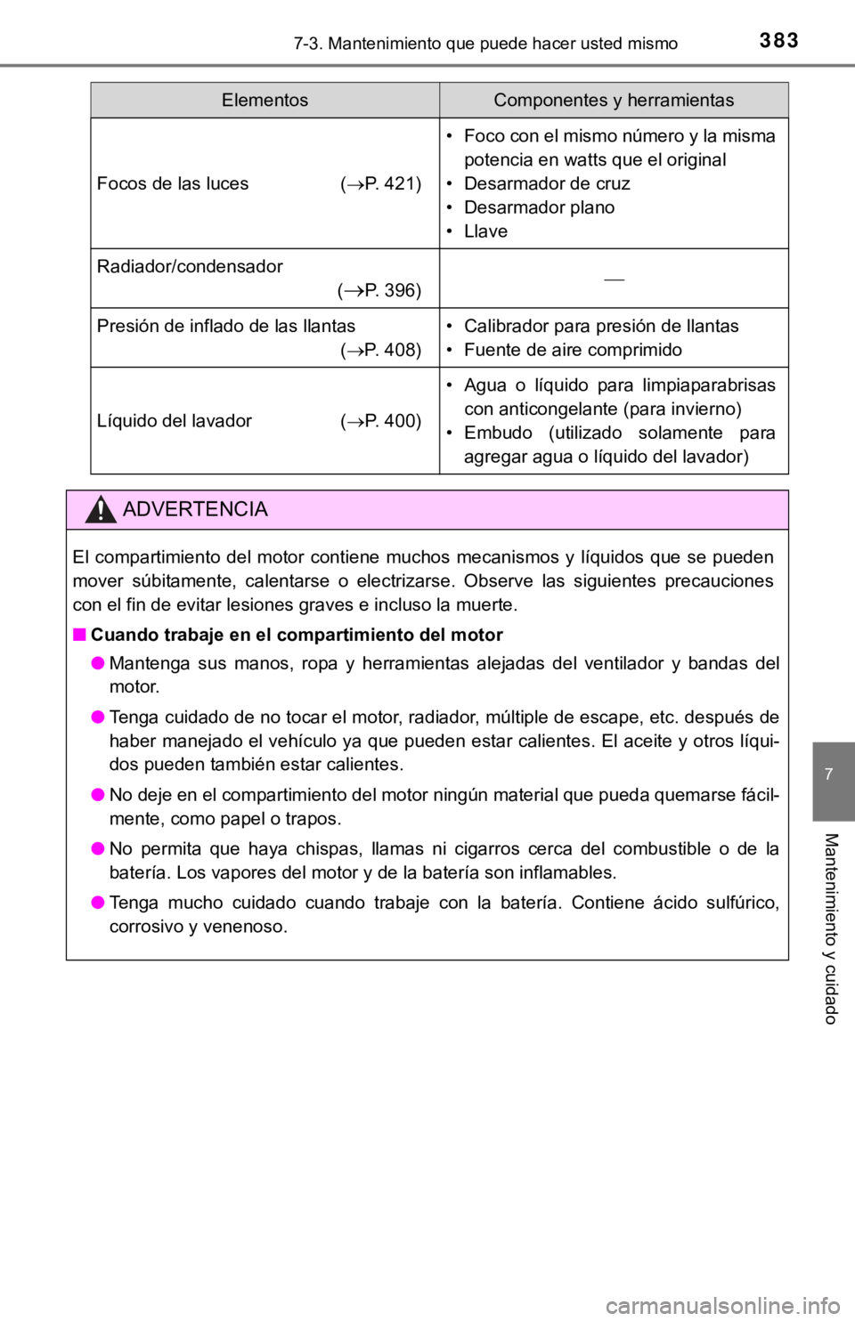 TOYOTA COROLLA 2019 Manual del propietario (in Spanish) 3837-3. Mantenimiento que puede hacer usted mismo
7
Mantenimiento y cuidado
Focos de las luces (P. 421)
• Foco con el mismo número y la misma
potencia en watts que el original
• Desarmador de TOYOTA COROLLA 2019 Manual del propietario (in Spanish) 3837-3. Mantenimiento que puede hacer usted mismo
7
Mantenimiento y cuidado
Focos de las luces (P. 421)
• Foco con el mismo número y la misma
potencia en watts que el original
• Desarmador de