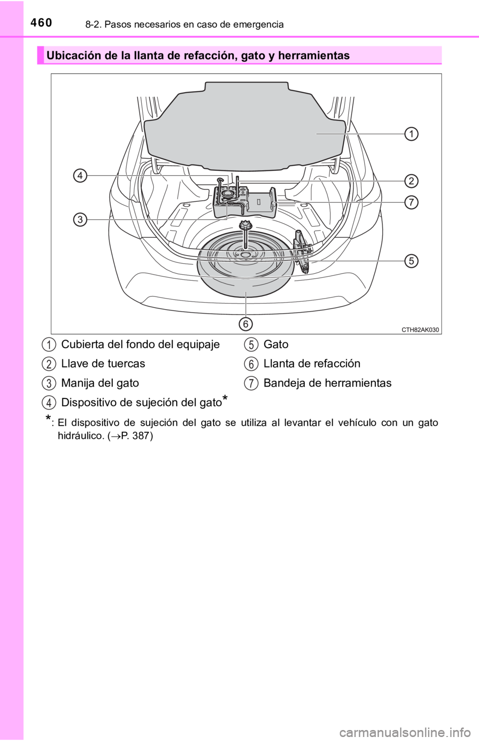TOYOTA COROLLA 2019  Manual del propietario (in Spanish) 4608-2. Pasos necesarios en caso de emergencia
*: El  dispositivo  de  sujeción  del  gato  se  utiliza  al  levantar  el vehículo  con  un  gato
hidráulico. (P.   3 8 7 )
Ubicación de la llant