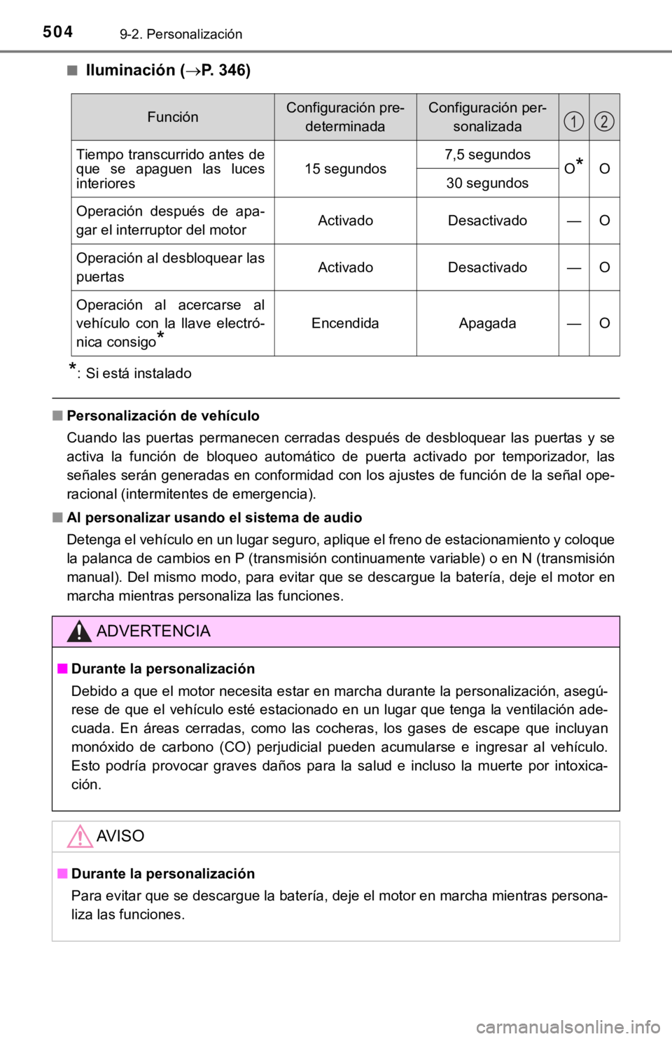 TOYOTA COROLLA 2019 Manual del propietario (in Spanish) 5049-2. Personalización
■Iluminación (P. 346)
*: Si está instalado
■Personalización de vehículo
Cuando las puertas permanecen cerradas después de desbloquear las puertas y se
a TOYOTA COROLLA 2019 Manual del propietario (in Spanish) 5049-2. Personalización
■Iluminación (P. 346)
*: Si está instalado
■Personalización de vehículo
Cuando las puertas permanecen cerradas después de desbloquear las puertas y se
a