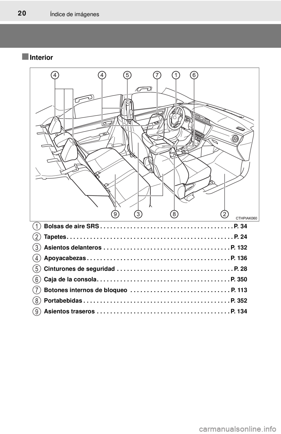 TOYOTA COROLLA 2018 Manual del propietario (in Spanish) 20Índice de imágenes
■Interior
Bolsas de aire SRS . . . . . . . . . . . . . . . . . . . . . . . . . . . . . . . . . . . . . . . . P. 34
Tapetes . . . . . . . . . . . . . . . . . . . . . . . . . . TOYOTA COROLLA 2018 Manual del propietario (in Spanish) 20Índice de imágenes
■Interior
Bolsas de aire SRS . . . . . . . . . . . . . . . . . . . . . . . . . . . . . . . . . . . . . . . . P. 34
Tapetes . . . . . . . . . . . . . . . . . . . . . . . . . .