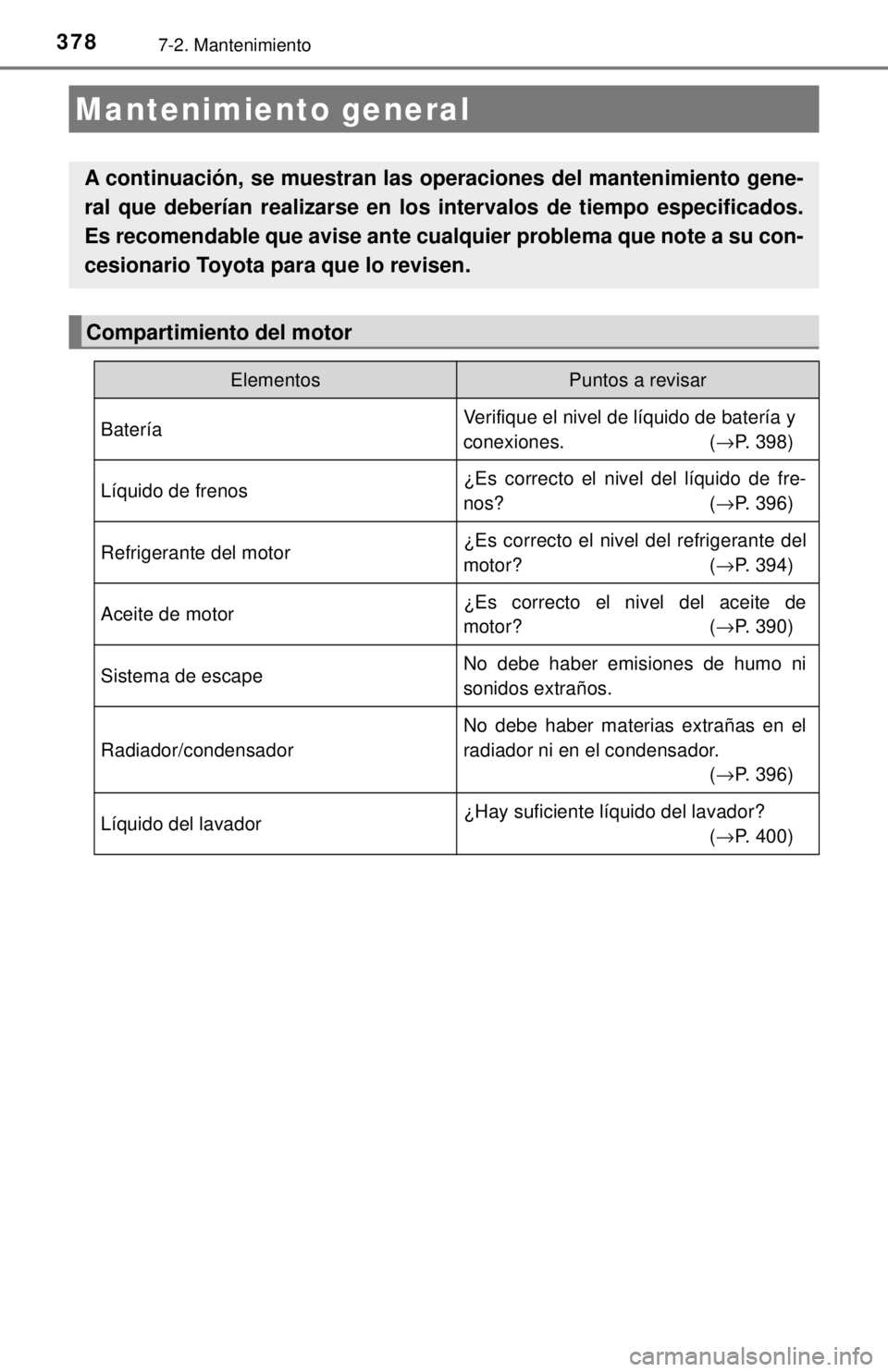 TOYOTA COROLLA 2018  Manual del propietario (in Spanish) 3787-2. Mantenimiento
Mantenimiento general
A continuación, se muestran las operaciones del mantenimiento gene-
ral que deberían realizarse en los intervalos de tiempo especificados.
Es recomendable