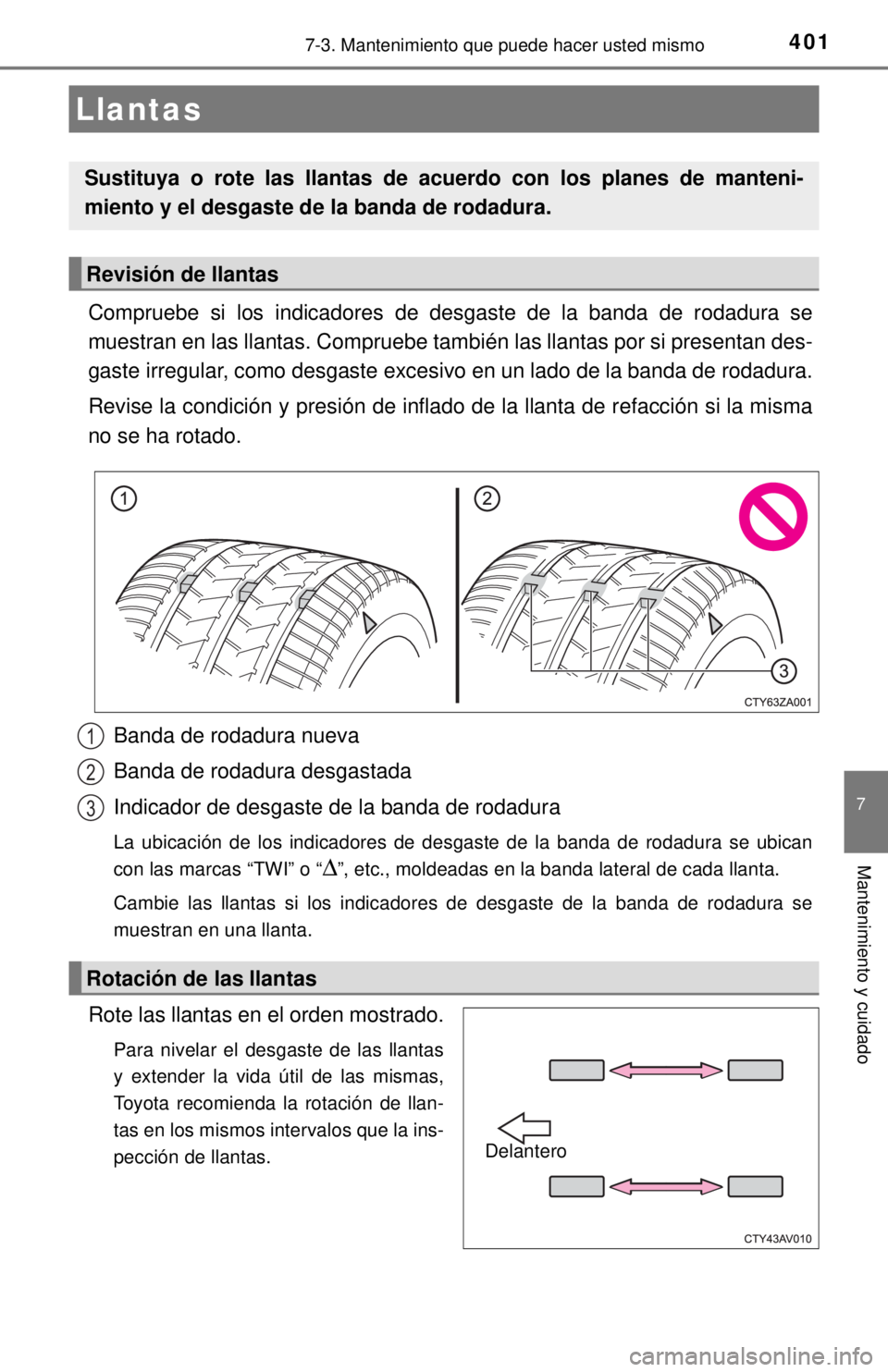 TOYOTA COROLLA 2018 Manual del propietario (in Spanish) 4017-3. Mantenimiento que puede hacer usted mismo
7
Mantenimiento y cuidado
Compruebe si los indicadores de desgaste de la banda de rodadura se
muestran en las llantas. Compruebe también las llantas TOYOTA COROLLA 2018 Manual del propietario (in Spanish) 4017-3. Mantenimiento que puede hacer usted mismo
7
Mantenimiento y cuidado
Compruebe si los indicadores de desgaste de la banda de rodadura se
muestran en las llantas. Compruebe también las llantas