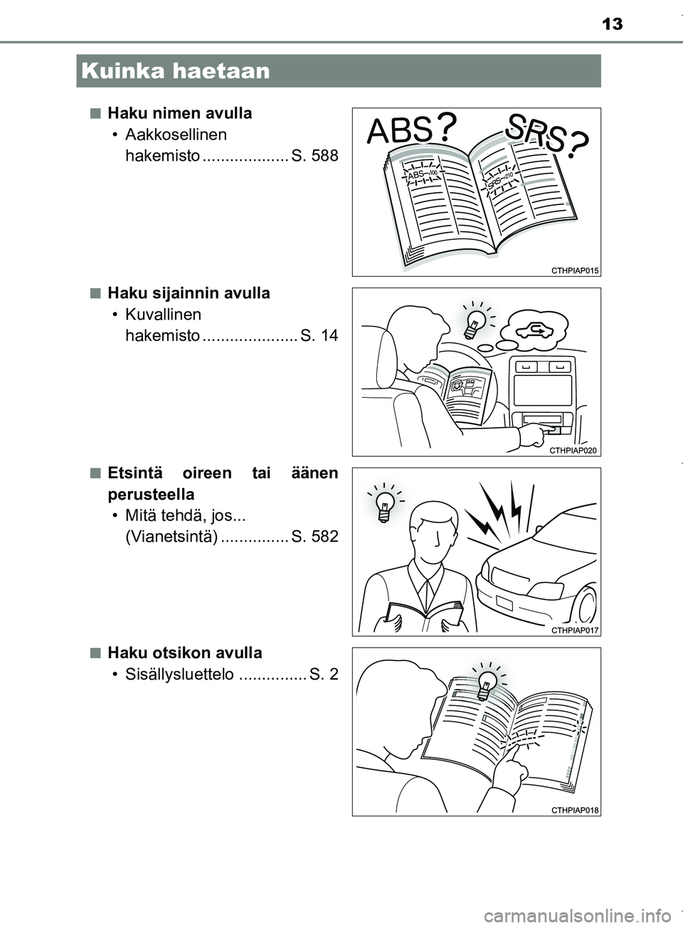 TOYOTA COROLLA 2017  Omistajan Käsikirja (in Finnish) 13
OM12M02FIn
Haku nimen avulla
• Aakkosellinen  hakemisto ................... S. 588
nHaku sijainnin avulla• Kuvallinen  hakemisto ..................... S. 14
nEtsintä oireen tai äänen
peruste