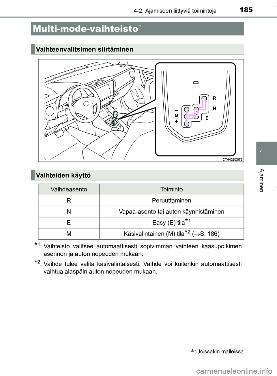 TOYOTA COROLLA 2017  Omistajan Käsikirja (in Finnish) 1854-2. Ajamiseen liittyviä toimintoja
OM12M02FI
4
Ajaminen
*1: Vaihteisto valitsee automaattisesti sopivimman vaihteen kaasupolkimenasennon ja auton nopeuden mukaan.
*2: Vaihde tulee valita käsival