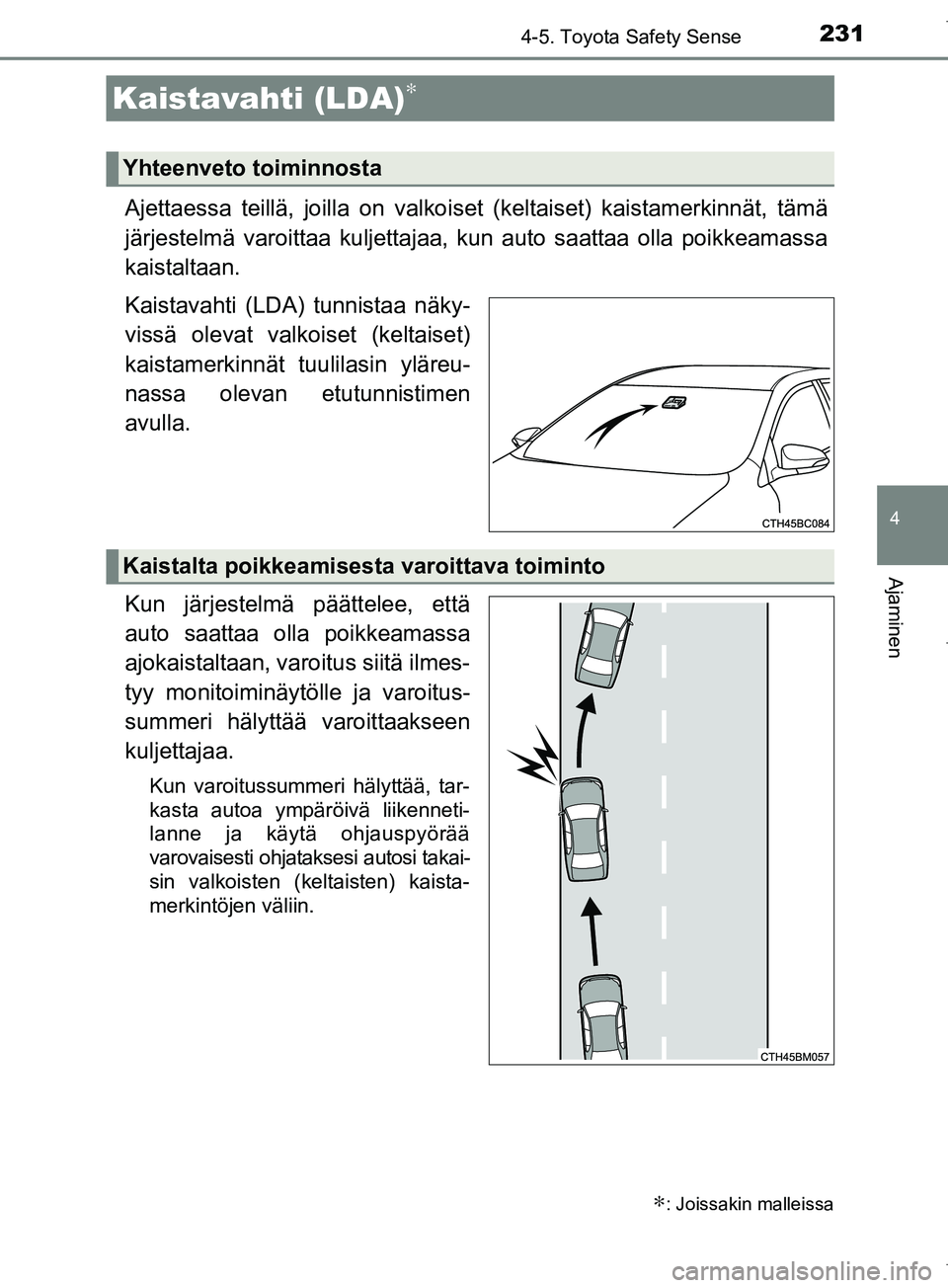 TOYOTA COROLLA 2017  Omistajan Käsikirja (in Finnish) 2314-5. Toyota Safety Sense
OM12M02FI
4
Ajaminen
Ajettaessa teillä, joilla on valkoiset (keltaiset) kaistamerkinnät, tämä
järjestelmä varoittaa kuljettajaa, kun auto saattaa olla poikkeamassa
ka