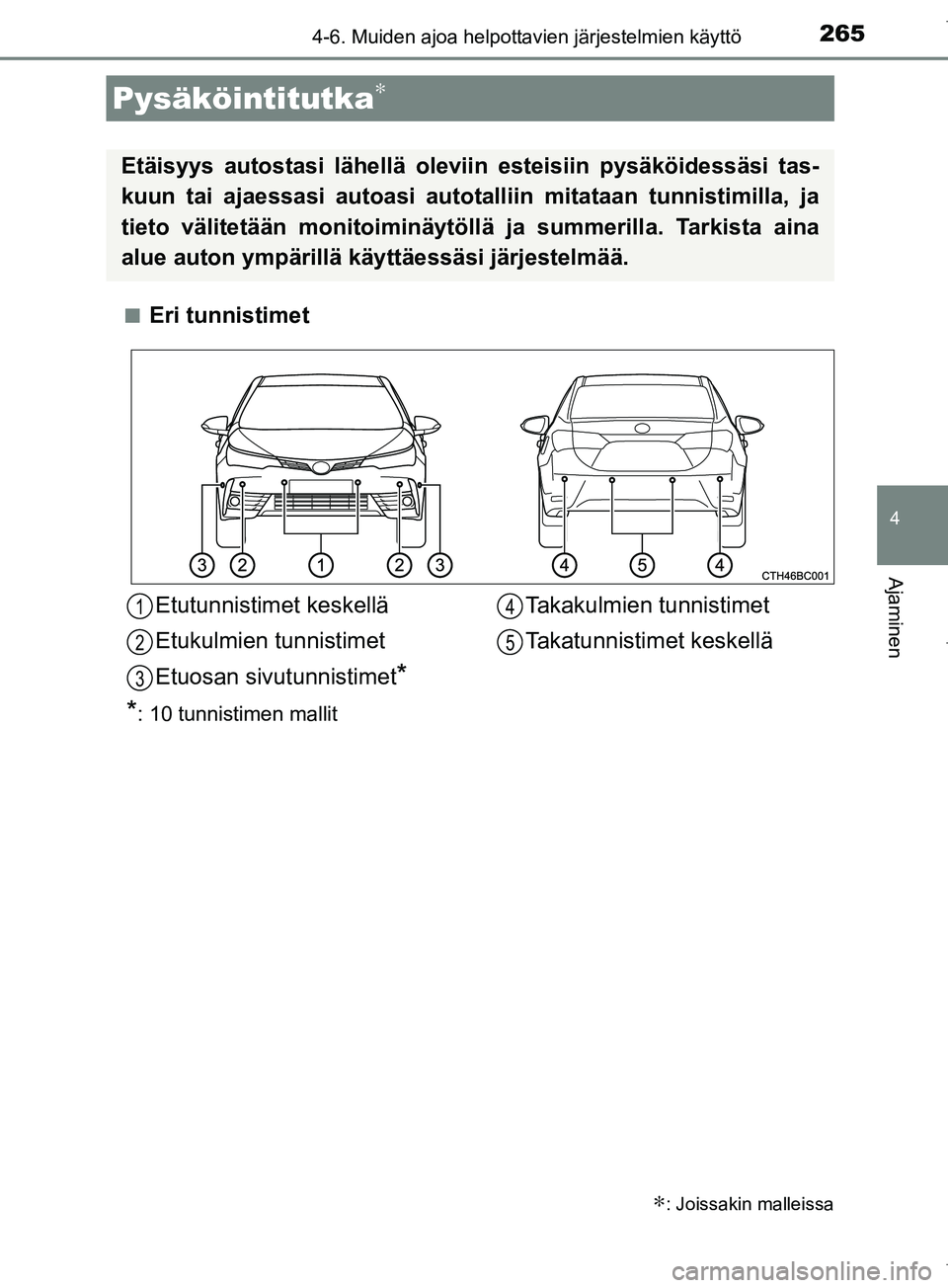 TOYOTA COROLLA 2017  Omistajan Käsikirja (in Finnish) 2654-6. Muiden ajoa helpottavien järjestelmien käyttö
OM12M02FI
4
Ajaminen
nEri tunnistimet
Pysäköintitutka∗
∗: Joissakin malleissa
Etäisyys autostasi lähellä oleviin esteisiin pysäköide
