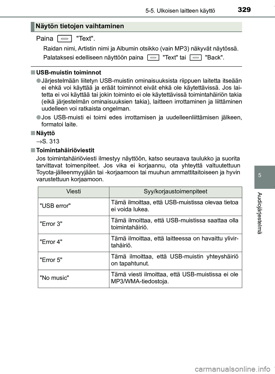 TOYOTA COROLLA 2017 Omistajan Käsikirja (in Finnish) 3295-5. Ulkoisen laitteen käyttö
OM12M02FI
5
Audiojärjestelmä
Paina "Text".
Raidan nimi, Artistin nimi ja Albumin otsikko (vain MP3) näkyvät näytössä.
Palataksesi edelliseen näyttöön pai TOYOTA COROLLA 2017 Omistajan Käsikirja (in Finnish) 3295-5. Ulkoisen laitteen käyttö
OM12M02FI
5
Audiojärjestelmä
Paina "Text".
Raidan nimi, Artistin nimi ja Albumin otsikko (vain MP3) näkyvät näytössä.
Palataksesi edelliseen näyttöön pai