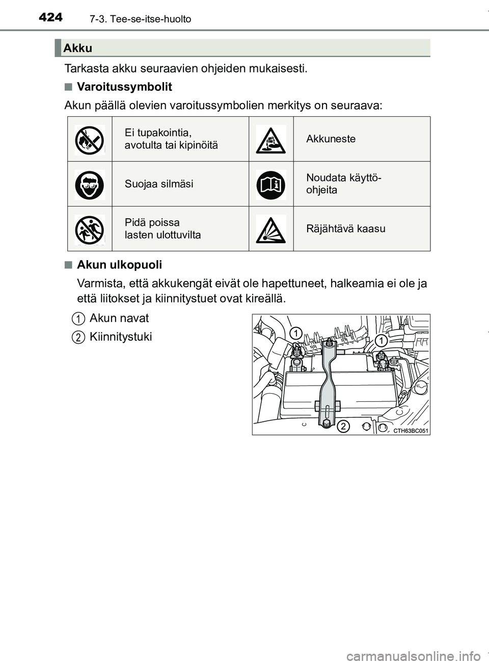 TOYOTA COROLLA 2017  Omistajan Käsikirja (in Finnish) 4247-3. Tee-se-itse-huolto
OM12M02FI
Tarkasta akku seuraavien ohjeiden mukaisesti.
nVaroitussymbolit
Akun päällä olevien varoitussy mbolien merkitys on seuraava:
nAkun ulkopuoli
Varmista, että akk
