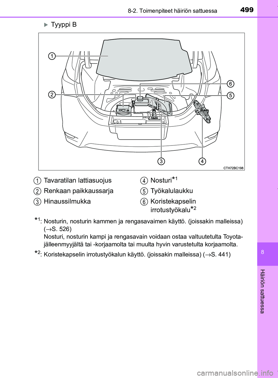 TOYOTA COROLLA 2017  Omistajan Käsikirja (in Finnish) 4998-2. Toimenpiteet häiriön sattuessa
OM12M02FI
8
Häiriön sattuessa
Ty y p p i  B
*1: Nosturin, nosturin kammen ja rengasavaimen käyttö. (joissakin malleissa)(→S. 526) 
Nosturi, nosturin k