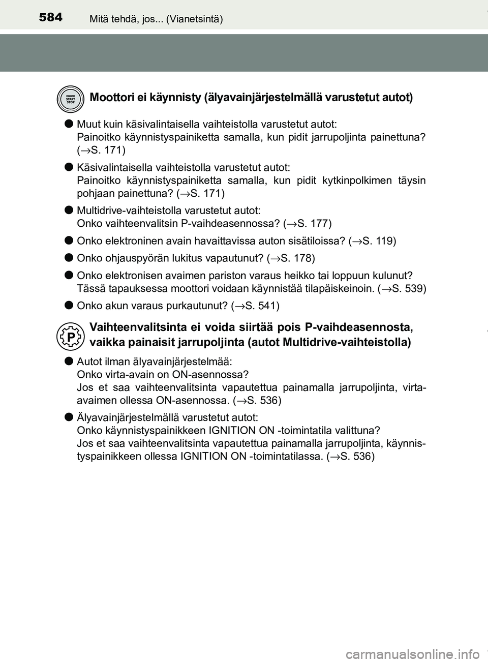 TOYOTA COROLLA 2017 Omistajan Käsikirja (in Finnish) 584Mitä tehdä, jos... (Vianetsintä)
OM12M02FI
lMuut kuin käsivalintaisella vaihteistolla varustetut autot:
Painoitko käynnistyspainiketta samalla, kun pidit jarrupoljinta painettuna?
(→S. 171) TOYOTA COROLLA 2017 Omistajan Käsikirja (in Finnish) 584Mitä tehdä, jos... (Vianetsintä)
OM12M02FI
lMuut kuin käsivalintaisella vaihteistolla varustetut autot:
Painoitko käynnistyspainiketta samalla, kun pidit jarrupoljinta painettuna?
(→S. 171)