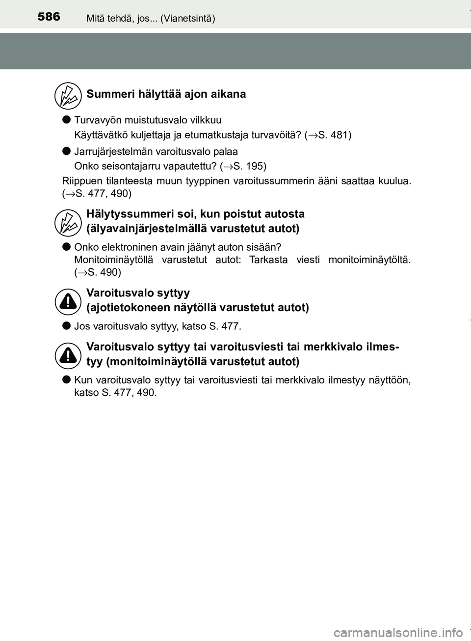 TOYOTA COROLLA 2017  Omistajan Käsikirja (in Finnish) 586Mitä tehdä, jos... (Vianetsintä)
OM12M02FI
lTurvavyön muistutusvalo vilkkuu
Käyttävätkö kuljettaja ja etumatkustaja turvavöitä? (→S. 481)
lJarrujärjestelmän varoitusvalo palaa
Onko se