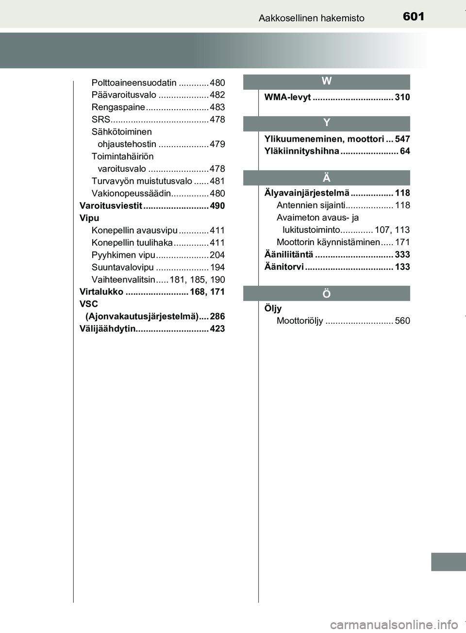 TOYOTA COROLLA 2017  Omistajan Käsikirja (in Finnish) 601Aakkosellinen hakemisto
OM12M02FI
Polttoaineensuodatin ............ 480
Päävaroitusvalo .................... 482
Rengaspaine ......................... 483
SRS.....................................