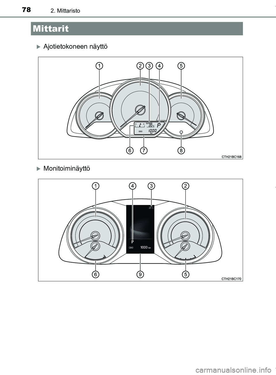 TOYOTA COROLLA 2017  Omistajan Käsikirja (in Finnish) 782. Mittaristo
OM12M02FI
Ajotietokoneen näyttö
Monitoiminäyttö
Mittarit
OM12M02FI.book  Page 78  Friday, January 27, 2017  1:25 PM 