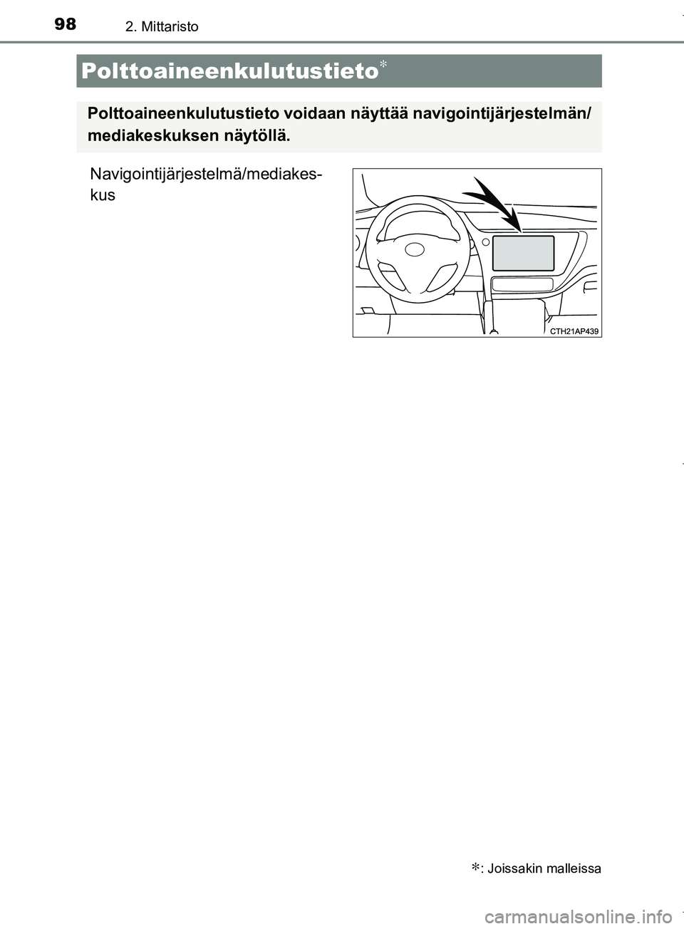 TOYOTA COROLLA 2017  Omistajan Käsikirja (in Finnish) 982. Mittaristo
OM12M02FI
Navigointijärjestelmä/mediakes-
kus
Polttoaineenkulutustieto∗
∗: Joissakin malleissa
Polttoaineenkulutustieto voidaan näyttää navigointijärjestelmän/
mediakeskukse