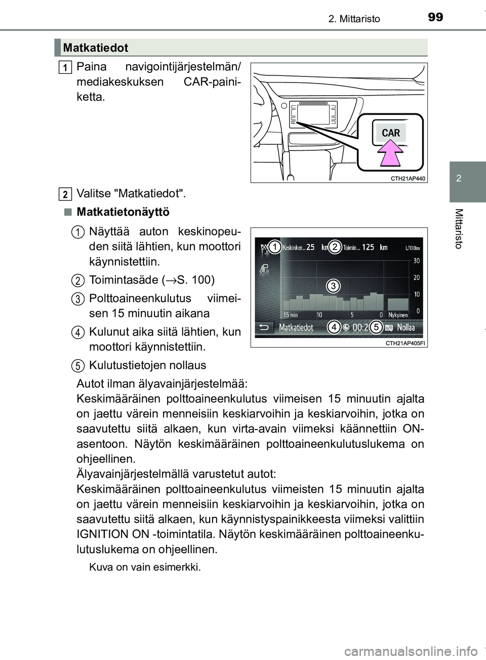 TOYOTA COROLLA 2017 Omistajan Käsikirja (in Finnish) 992. Mittaristo
OM12M02FI
2
Mittaristo
Paina navigointijärjestelmän/
mediakeskuksen CAR-paini-
ketta.
Valitse "Matkatiedot".
nMatkatietonäyttöNäyttää auton keskinopeu-
den siitä lähtien, kun TOYOTA COROLLA 2017 Omistajan Käsikirja (in Finnish) 992. Mittaristo
OM12M02FI
2
Mittaristo
Paina navigointijärjestelmän/
mediakeskuksen CAR-paini-
ketta.
Valitse "Matkatiedot".
nMatkatietonäyttöNäyttää auton keskinopeu-
den siitä lähtien, kun