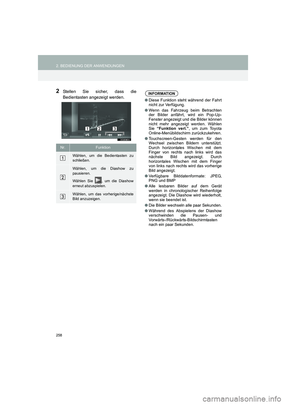 TOYOTA COROLLA 2016 Betriebsanleitungen (in German) 258
2. BEDIENUNG DER ANWENDUNGEN
TMMT_COROLLA_Navi_EM (OM12K03M)
2Stellen Sie sicher, dass die
Bedientasten angezeigt werden.
Nr.Funktion
Wählen, um die Bedientasten zu
schließen.
Wählen, um die Di TOYOTA COROLLA 2016 Betriebsanleitungen (in German) 258
2. BEDIENUNG DER ANWENDUNGEN
TMMT_COROLLA_Navi_EM (OM12K03M)
2Stellen Sie sicher, dass die
Bedientasten angezeigt werden.
Nr.Funktion
Wählen, um die Bedientasten zu
schließen.
Wählen, um die Di