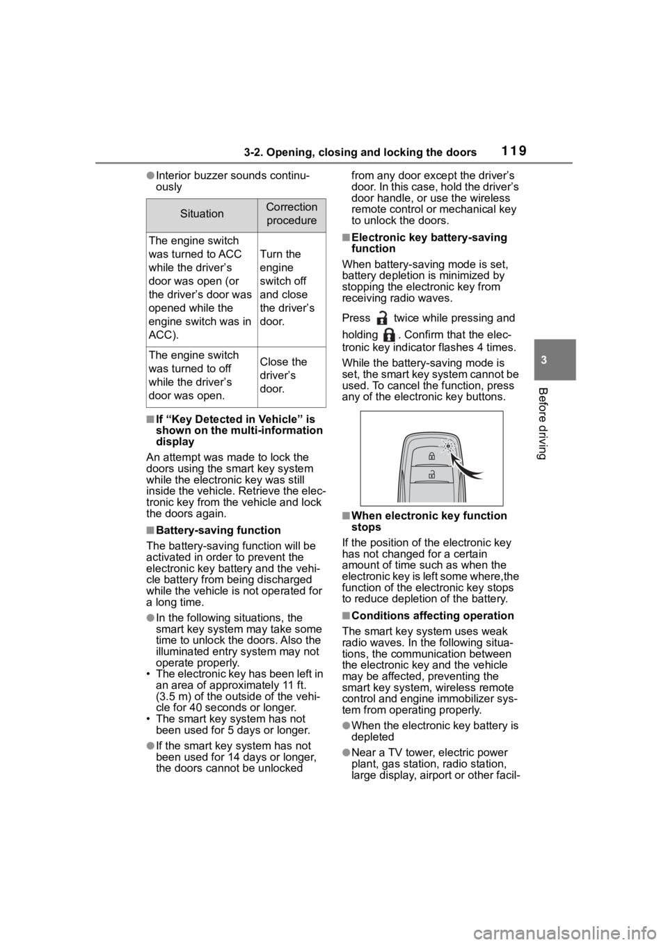 TOYOTA COROLLA CROSS 2023  Owners Manual 1193-2. Opening, closing and locking the doors
3
Before driving
●Interior buzzer sounds continu-
ously
■If “Key Detected in Vehicle” is 
shown on the multi-information 
display
An attempt was 