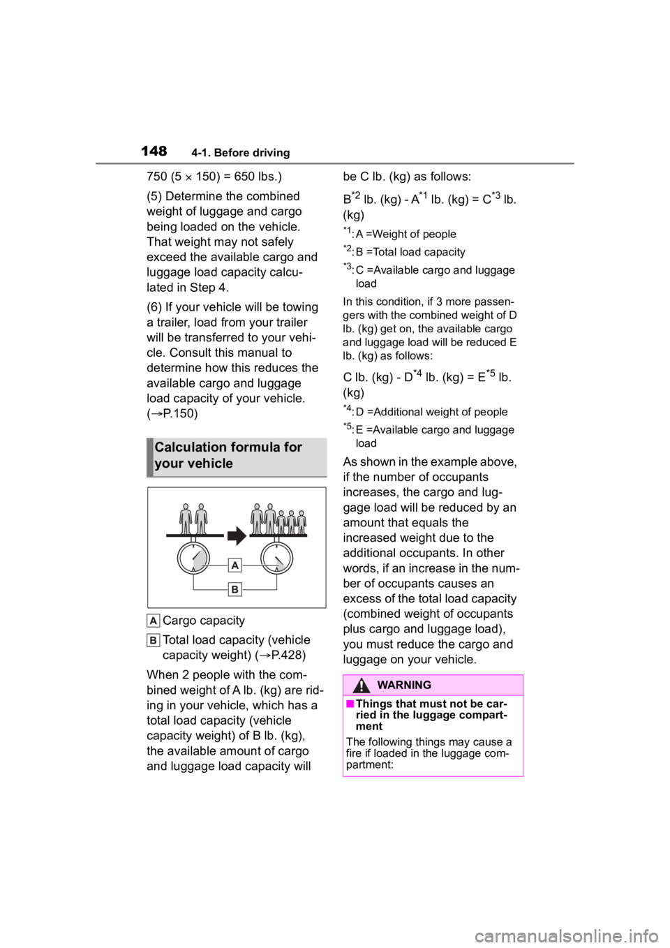 TOYOTA COROLLA CROSS 2023  Owners Manual 1484-1. Before driving
750 (5  150) = 650 lbs.)
(5) Determine the combined 
weight of luggage and cargo 
being loaded on the vehicle. 
That weight may not safely 
exceed the available cargo and 
lu