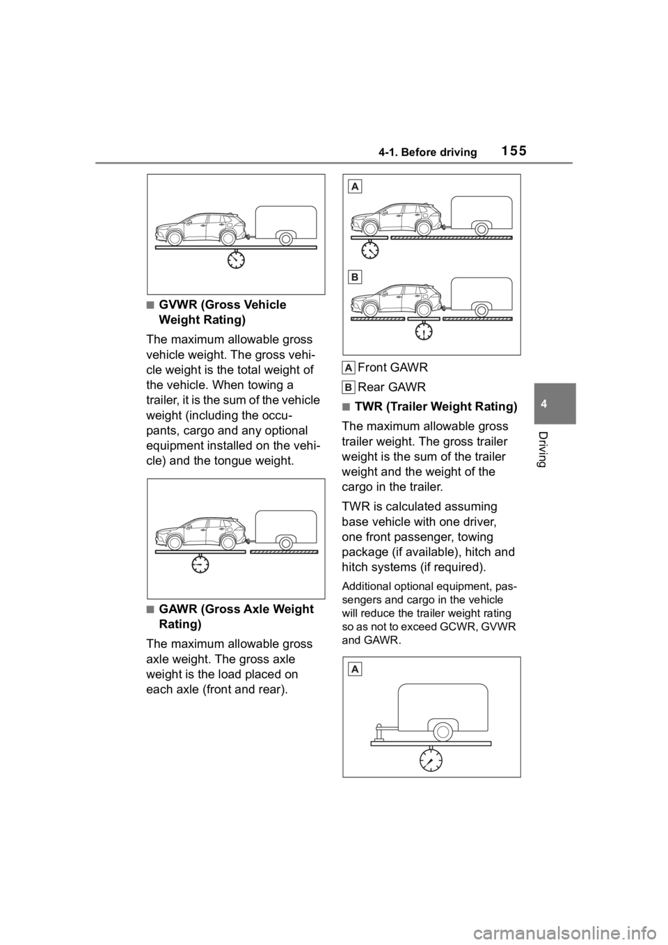 TOYOTA COROLLA CROSS 2023  Owners Manual 1554-1. Before driving
4
Driving
■GVWR (Gross Vehicle 
Weight Rating)
The maximum allowable gross 
vehicle weight. The gross vehi-
cle weight is the total weight of 
the vehicle. When towing a 
trai