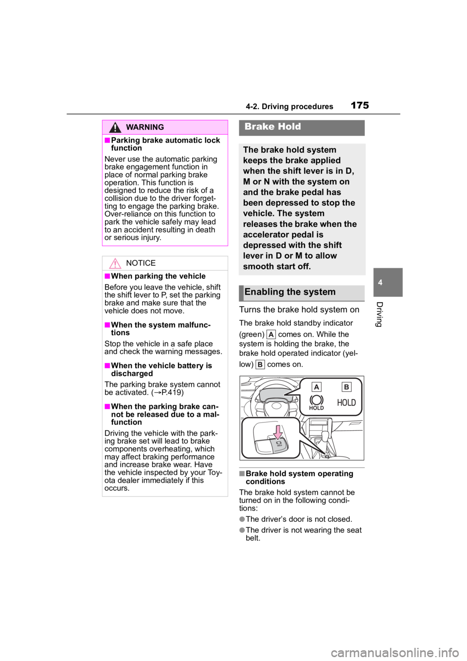TOYOTA COROLLA CROSS 2023  Owners Manual 1754-2. Driving procedures
4
Driving
Turns the brake hold system on
The brake hold standby indicator 
(green)   comes on. While the 
system is holding the brake, the 
brake hold operated indicator (ye