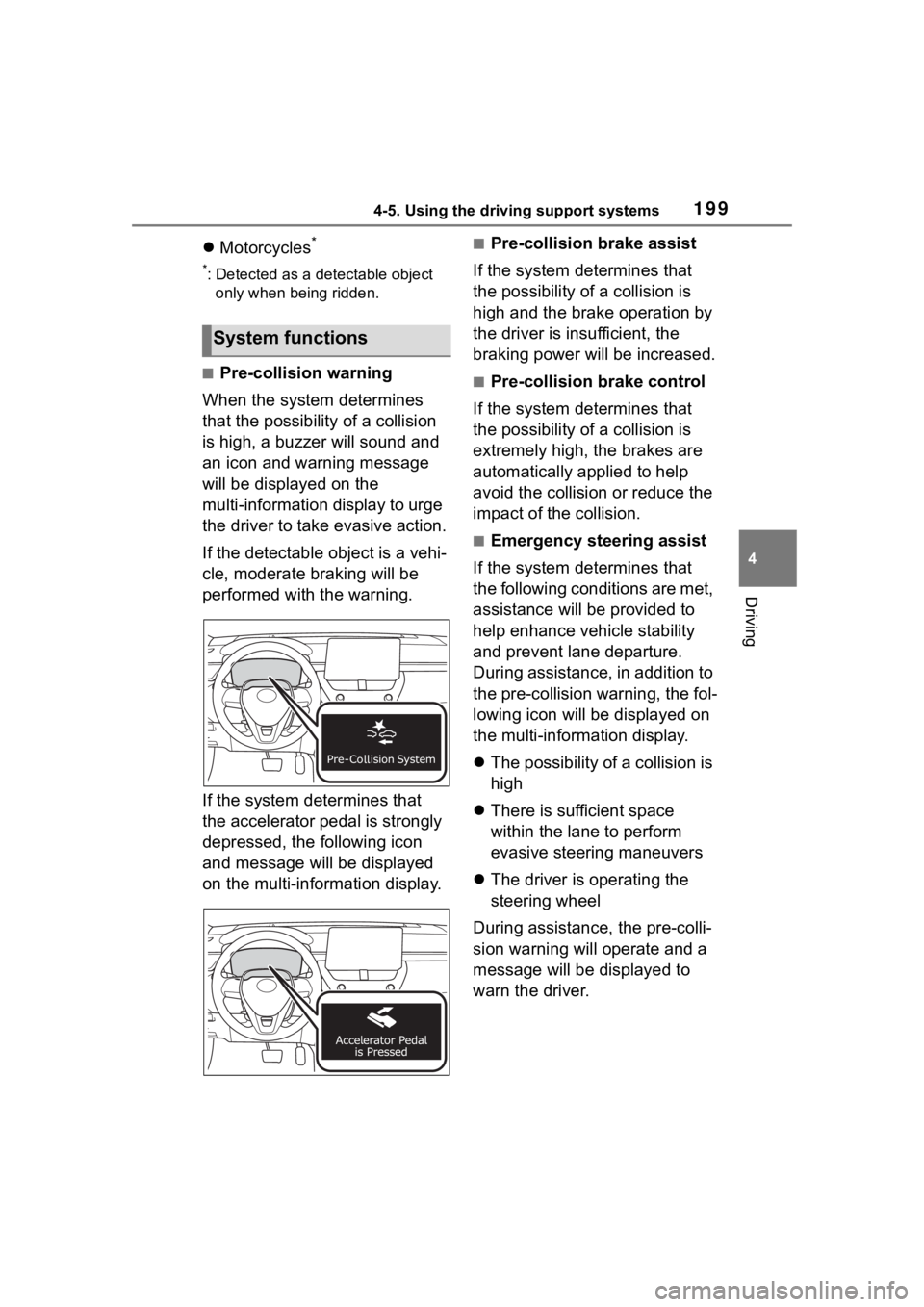 TOYOTA COROLLA CROSS 2023  Owners Manual 1994-5. Using the driving support systems
4
Driving
Motorcycles*
*: Detected as a detectable object 
only when being ridden.
■Pre-collision warning
When the system determines 
that the possibilit