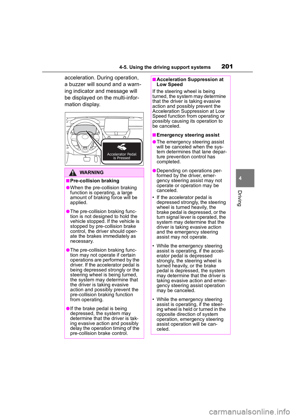 TOYOTA COROLLA CROSS 2023  Owners Manual 2014-5. Using the driving support systems
4
Driving
acceleration. During operation, 
a buzzer will sound and a warn-
ing indicator and message will 
be displayed on the multi-infor-
mation display.
WA