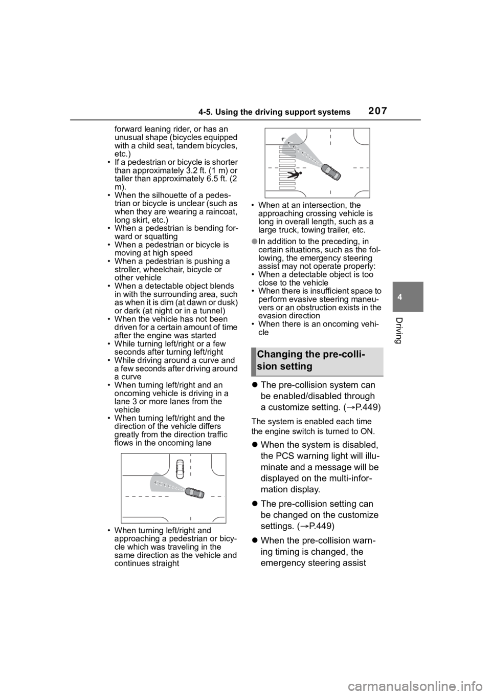 TOYOTA COROLLA CROSS 2023  Owners Manual 2074-5. Using the driving support systems
4
Driving
forward leaning rider, or has an 
unusual shape (bicycles equipped 
with a child seat, tandem bicycles, 
etc.)
• If a pedestrian or bicycle is sho