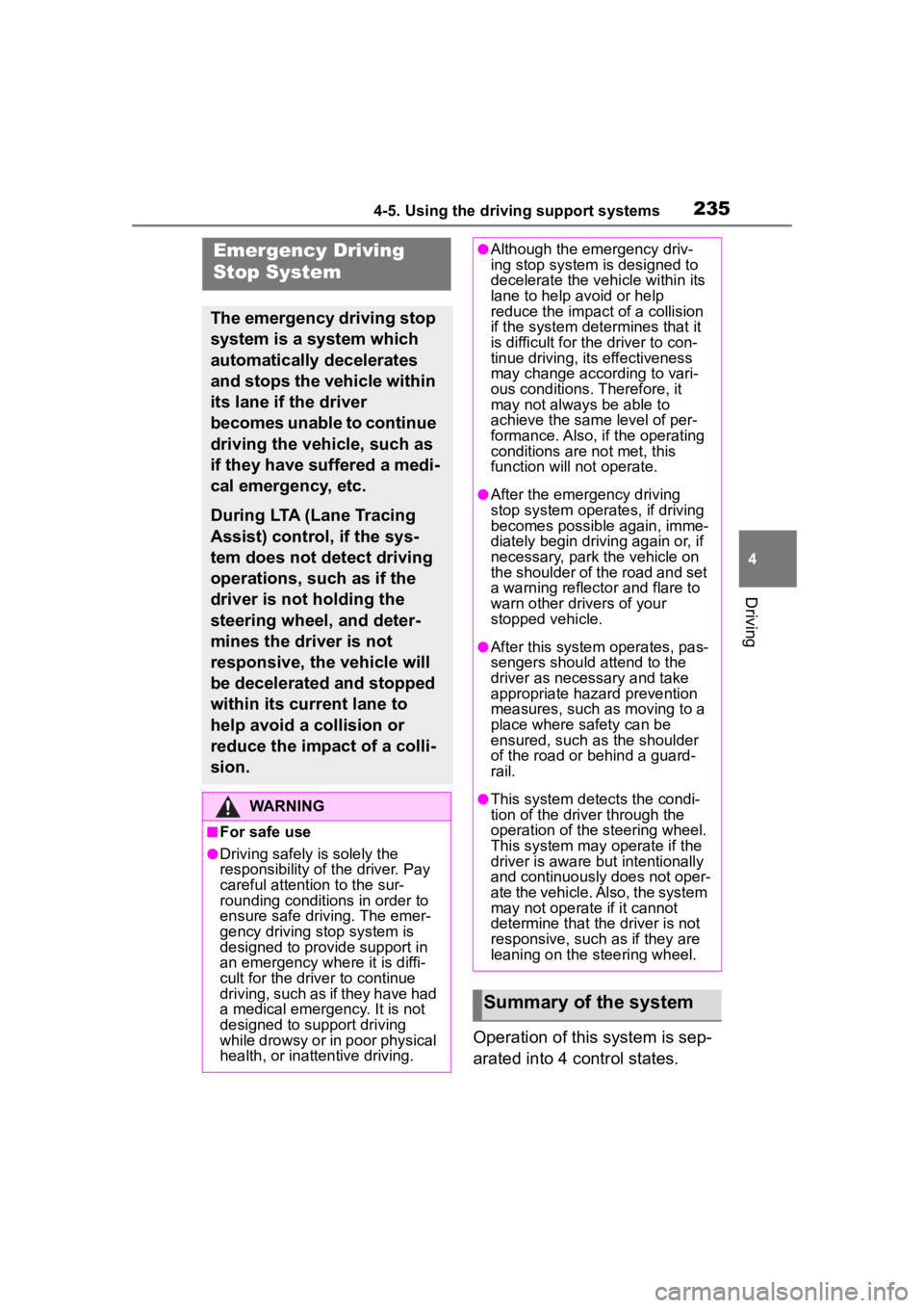 TOYOTA COROLLA CROSS 2023  Owners Manual 2354-5. Using the driving support systems
4
Driving
Operation of this system is sep-
arated into 4 control states. 
Emergency Driving 
Stop System
The emergency driving stop 
system is a system which 