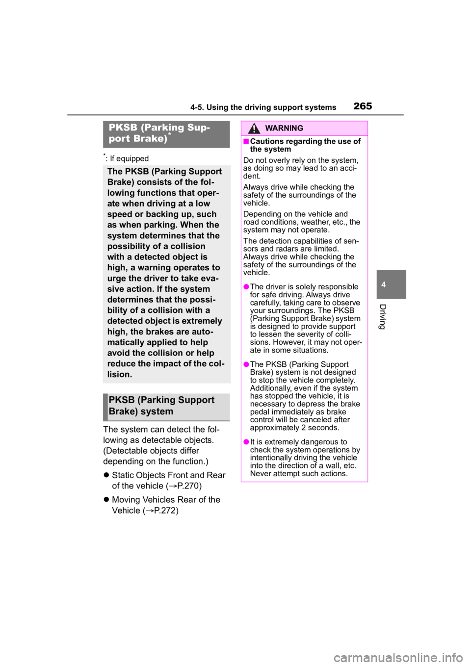 TOYOTA COROLLA CROSS 2023  Owners Manual 2654-5. Using the driving support systems
4
Driving
*: If equipped
The system can detect the fol-
lowing as detectable objects. 
(Detectable objects differ 
depending on the function.)
Static Objec