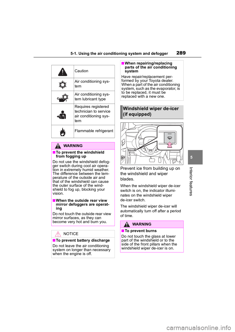 TOYOTA COROLLA CROSS 2023  Owners Manual 2895-1. Using the air conditioning system and defogger
5
Interior featuresPrevent ice from building up on 
the windshield and wiper 
blades.
When the windshield wiper de-icer 
switch is on, the indica