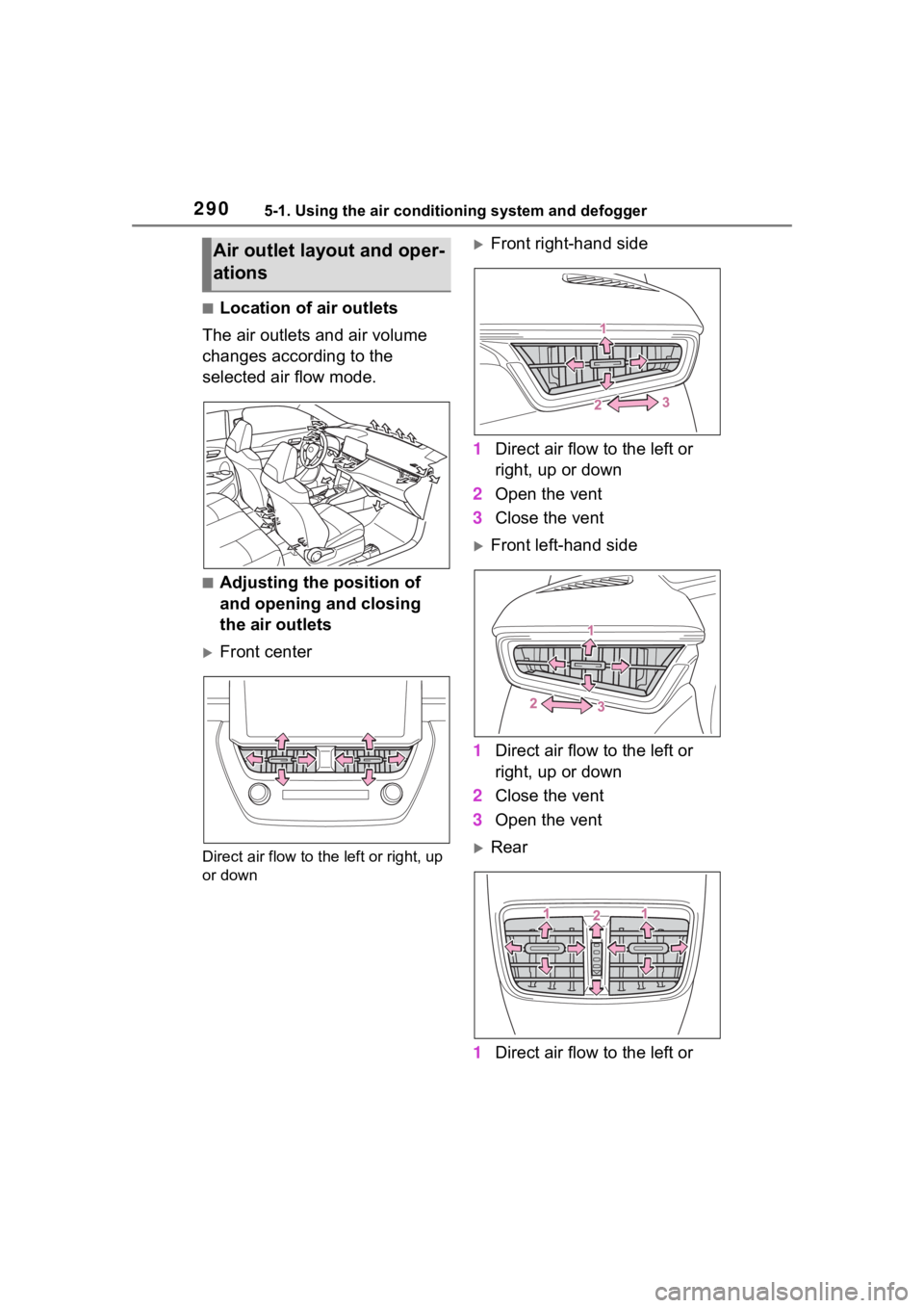 TOYOTA COROLLA CROSS 2023  Owners Manual 2905-1. Using the air conditioning system and defogger
■Location of air outlets
The air outlets and air volume 
changes according to the 
selected air flow mode.
■Adjusting the position of 
and op