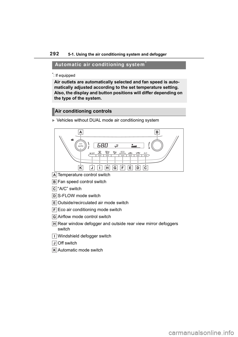 TOYOTA COROLLA CROSS 2023  Owners Manual 2925-1. Using the air conditioning system and defogger
*: If equipped
Vehicles without DUAL mode air conditioning system
Temperature control switch
Fan speed control switch
“A/C” switch
S-FLOW 