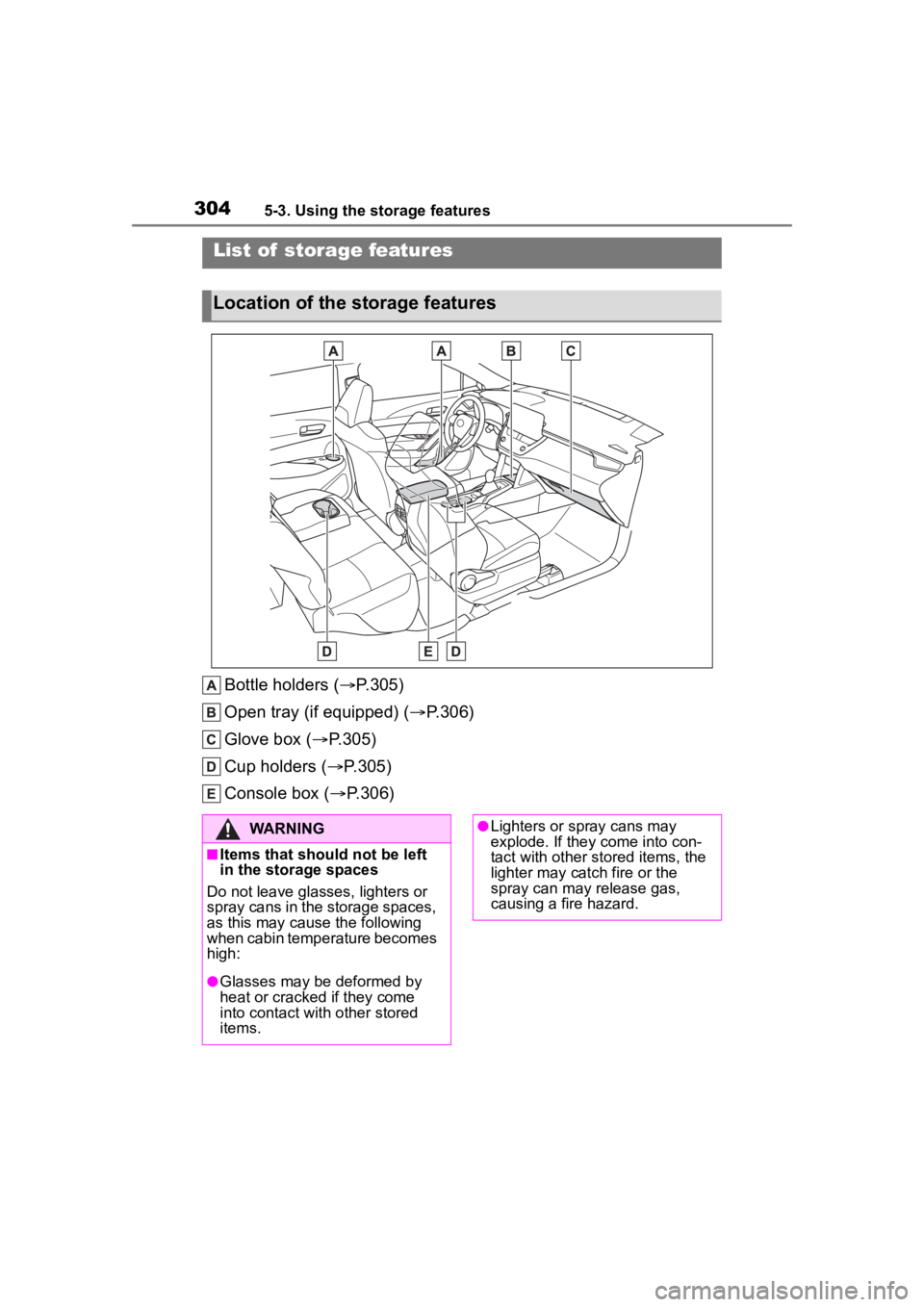 TOYOTA COROLLA CROSS 2023  Owners Manual 3045-3. Using the storage features
5-3.Using the storage features
Bottle holders (P.305)
Open tray (if equipped) ( P.306)
Glove box ( P.305)
Cup holders ( P.305)
Console box ( P.306)
Li