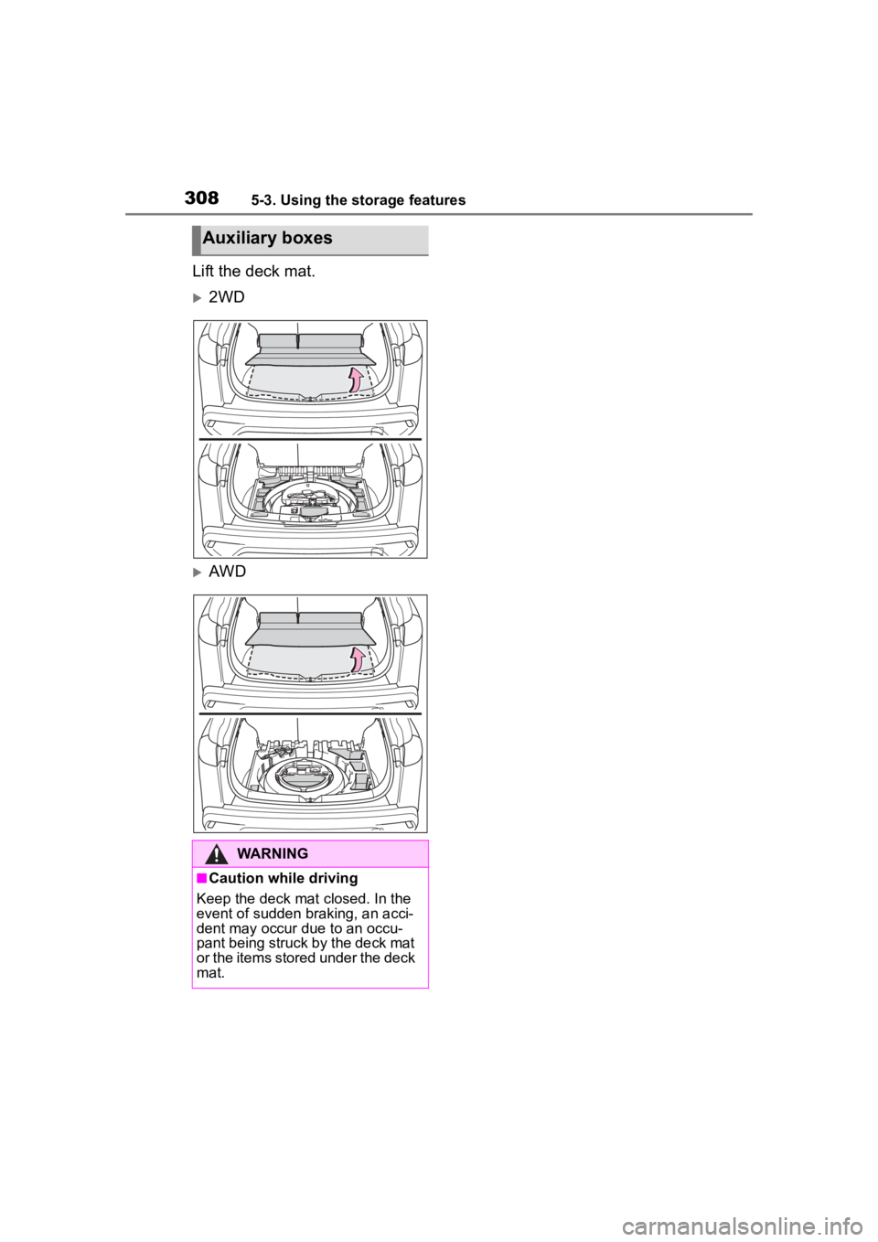 TOYOTA COROLLA CROSS 2023  Owners Manual 3085-3. Using the storage features
Lift the deck mat.
2WD
AWD
Auxiliary boxes
WARNING
■Caution while driving
Keep the deck mat  closed. In the 
event of sudden braking, an acci-
dent may occur