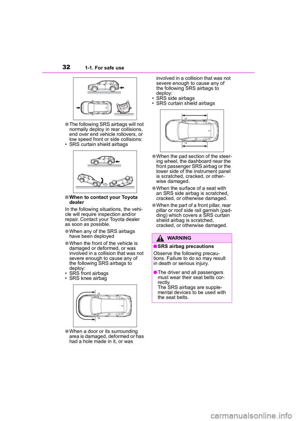 TOYOTA COROLLA CROSS 2023  Owners Manual 321-1. For safe use
●The following SRS airbags will not 
normally deploy in rear collisions, 
end over end vehicle rollovers, or 
low speed front or side collisions:
• SRS curtain shield airbags
