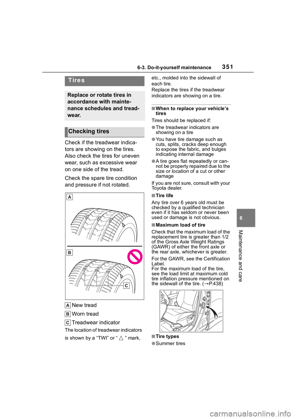 TOYOTA COROLLA CROSS 2023  Owners Manual 3516-3. Do-it-yourself maintenance
6
Maintenance and care
Check if the treadwear indica-
tors are showing on the tires. 
Also check the tires for uneven 
wear, such as excessive wear 
on one side of t