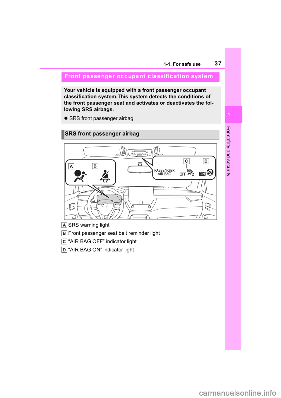 TOYOTA COROLLA CROSS 2023  Owners Manual 371-1. For safe use
1
For safety and security
SRS warning light
Front passenger seat belt reminder light
“AIR BAG OFF” indicator light
“AIR BAG ON” indicator light
Front passenger occupant cla