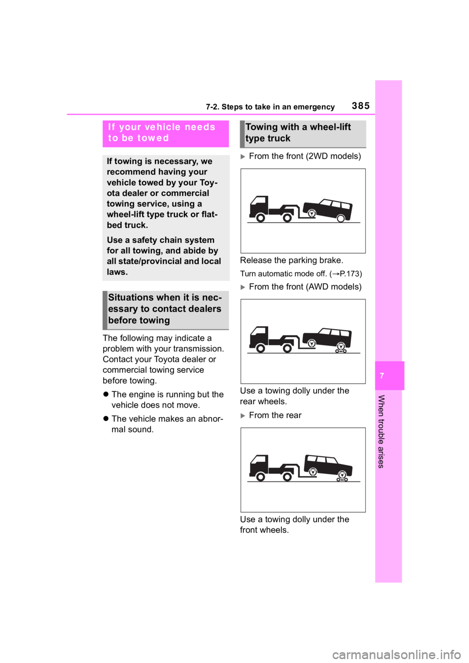 TOYOTA COROLLA CROSS 2023  Owners Manual 3857-2. Steps to take in an emergency
7
When trouble arises
7-2.Steps to take in an emergency
The following may indicate a 
problem with your transmission. 
Contact your Toyota dealer or 
commercial t