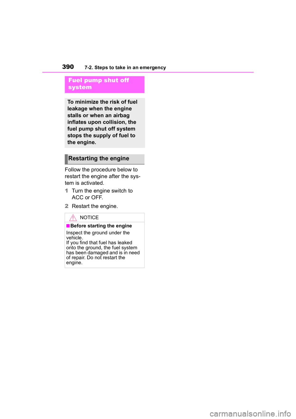 TOYOTA COROLLA CROSS 2023  Owners Manual 3907-2. Steps to take in an emergency
Follow the procedure below to 
restart the engine after the sys-
tem is activated.
1Turn the engine switch to 
ACC or OFF.
2 Restart the engine.
Fuel pump shut of