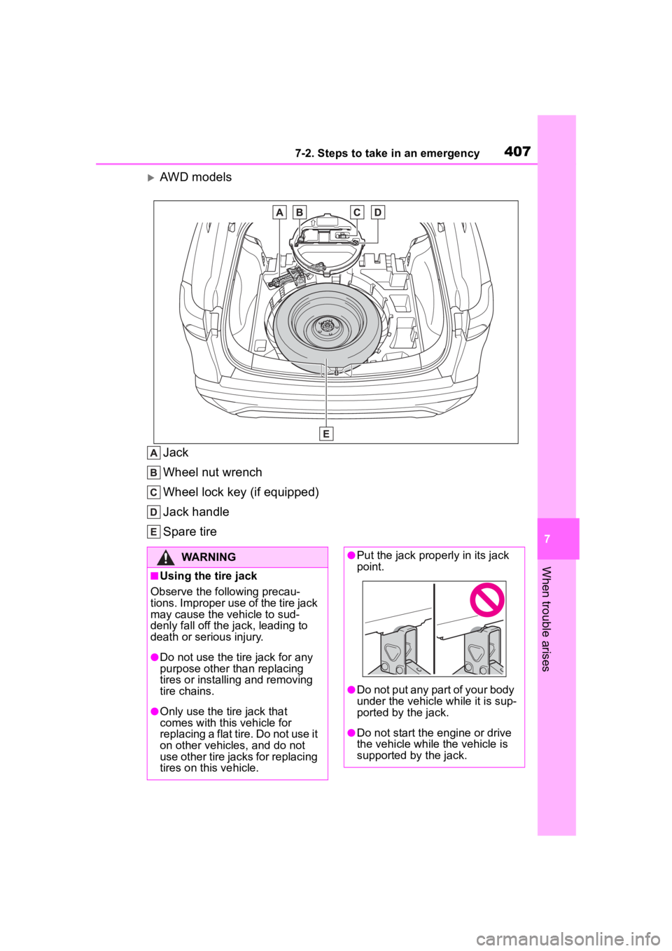 TOYOTA COROLLA CROSS 2023  Owners Manual 4077-2. Steps to take in an emergency
7
When trouble arises
AWD models
Jack
Wheel nut wrench
Wheel lock key (if equipped)
Jack handle
Spare tire
WARNING
■Using the tire jack
Observe the following