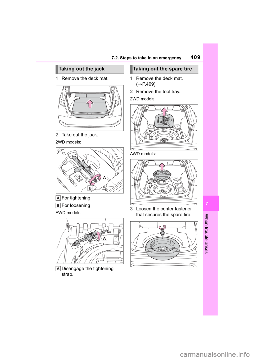 TOYOTA COROLLA CROSS 2023  Owners Manual 4097-2. Steps to take in an emergency
7
When trouble arises
1Remove the deck mat.
2 Take out the jack.
2WD models:
For tightening
For loosening
AWD models:
Disengage the tightening 
strap. 1
Remove th