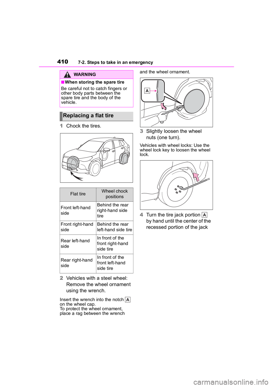 TOYOTA COROLLA CROSS 2023  Owners Manual 4107-2. Steps to take in an emergency
1Chock the tires.
2 Vehicles with a steel wheel: 
Remove the wheel ornament 
using the wrench.
Insert the wrench  into the notch   
on the wheel cap.
To protect t