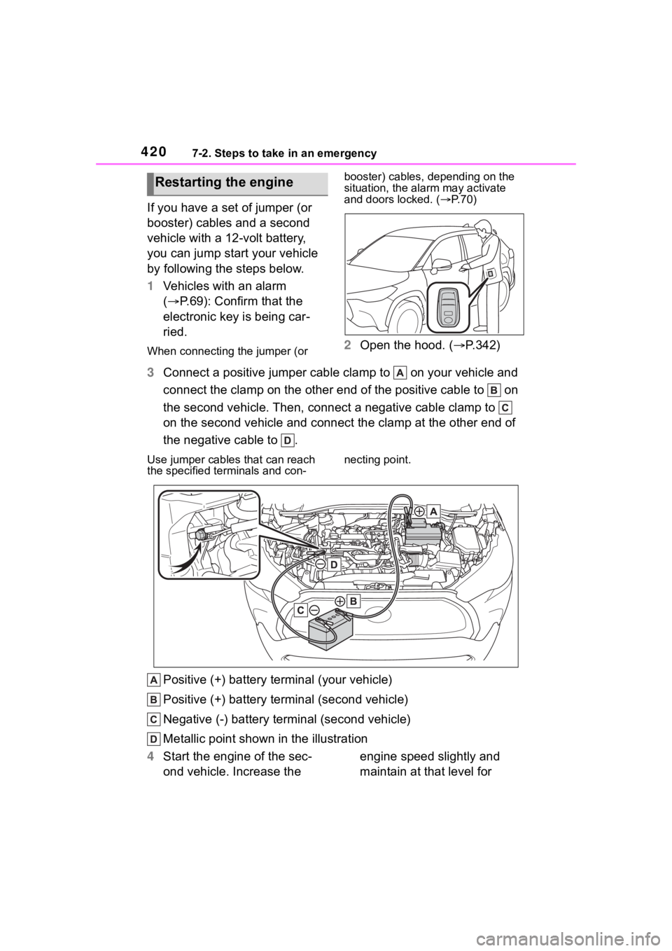 TOYOTA COROLLA CROSS 2023  Owners Manual 4207-2. Steps to take in an emergency
If you have a set of jumper (or 
booster) cables and a second 
vehicle with a 12-volt battery, 
you can jump start your vehicle 
by following the steps below.
1Ve