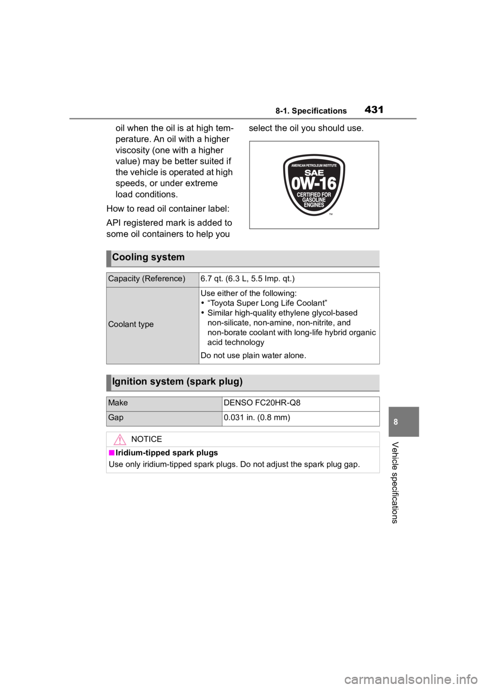 TOYOTA COROLLA CROSS 2023  Owners Manual 4318-1. Specifications
8
Vehicle specifications
oil when the oil is at high tem-
perature. An oil with a higher 
viscosity (one with a higher 
value) may be better suited if 
the vehicle is operated a