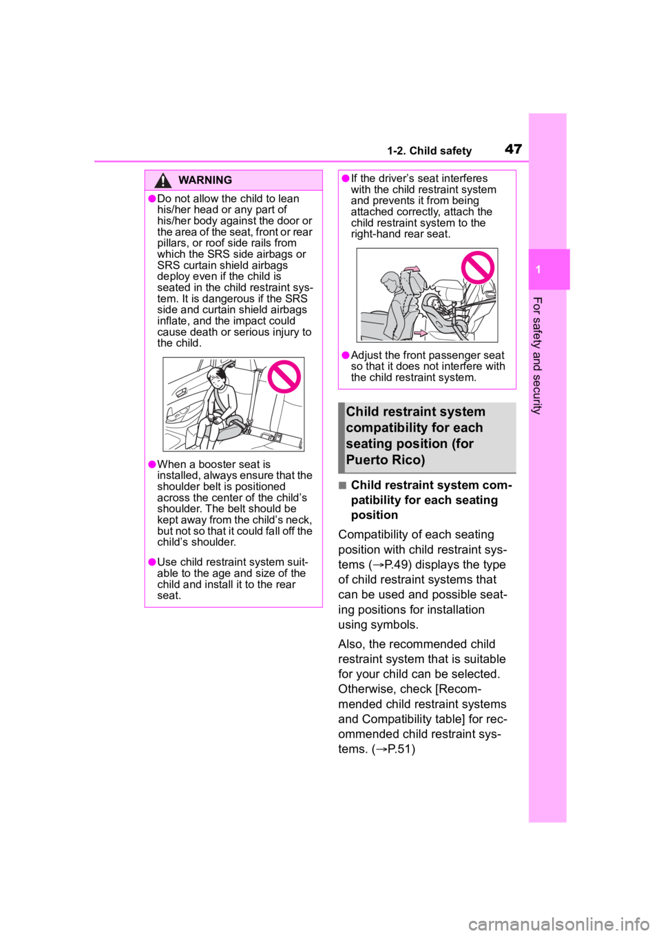 TOYOTA COROLLA CROSS 2023  Owners Manual 471-2. Child safety
1
For safety and security
■Child restraint system com-
patibility for each seating 
position
Compatibility of each seating 
position with child restraint sys-
tems ( P.49) dis