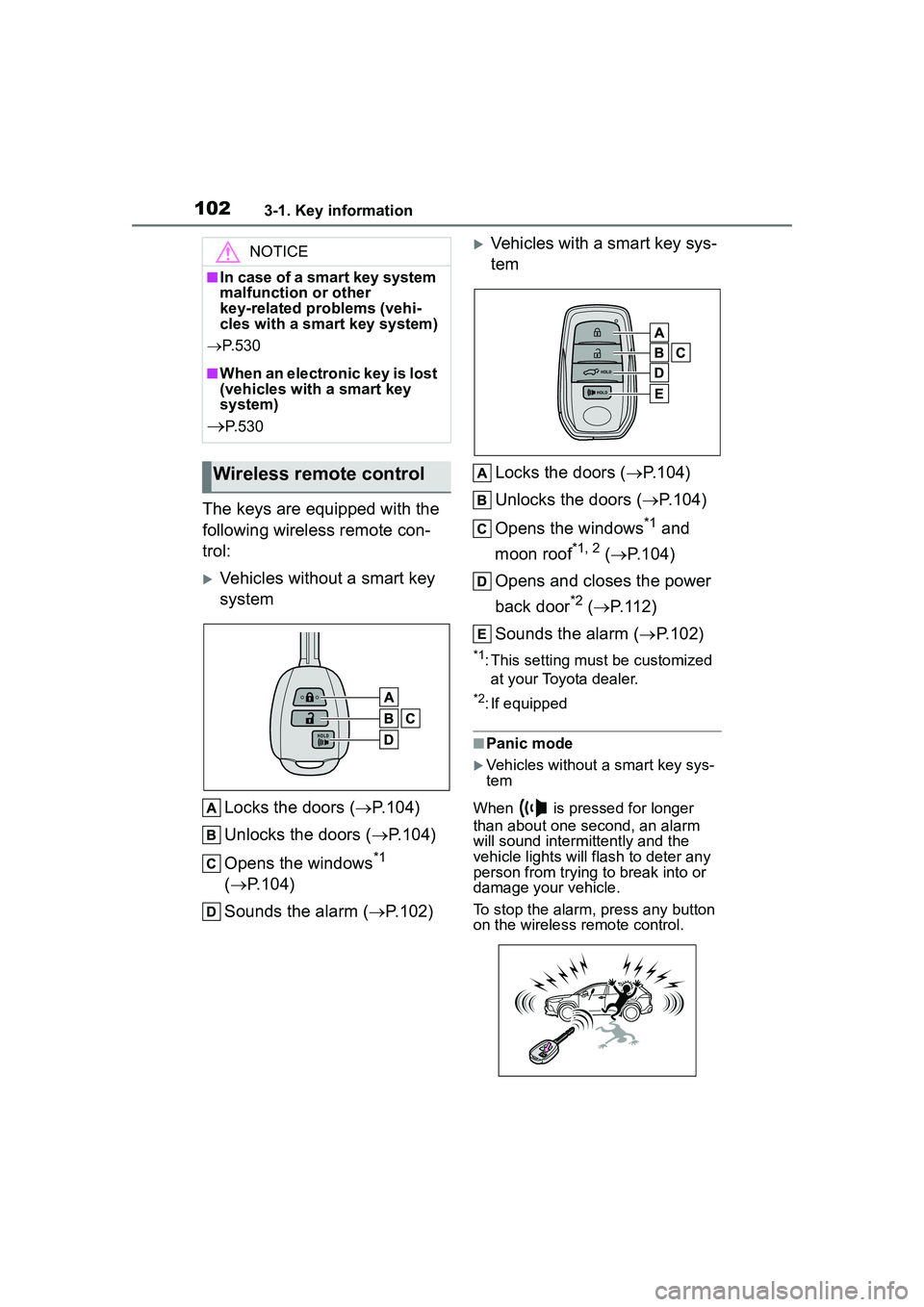 TOYOTA COROLLA CROSS 2022  Owners Manual 1023-1. Key information
The keys are equipped with the 
following wireless remote con-
trol:
Vehicles without a smart key 
systemLocks the doors ( P.104)
Unlocks the doors ( P.104)
Opens the 