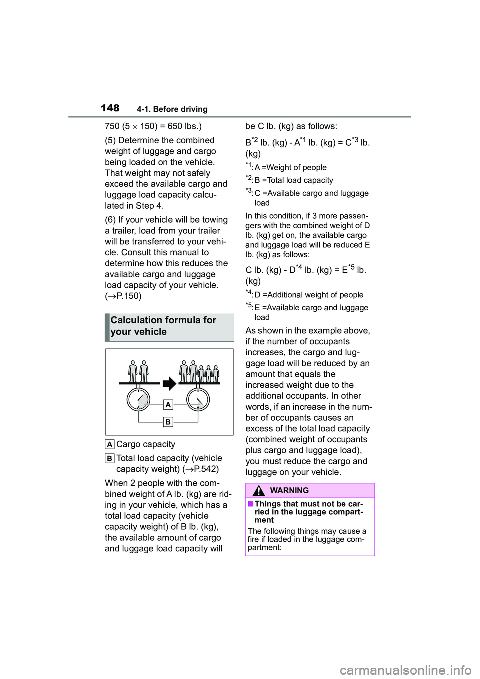 TOYOTA COROLLA CROSS 2022  Owners Manual 1484-1. Before driving
750 (5  150) = 650 lbs.)
(5) Determine the combined 
weight of luggage and cargo 
being loaded on the vehicle. 
That weight may not safely 
exceed the available cargo and 
lu